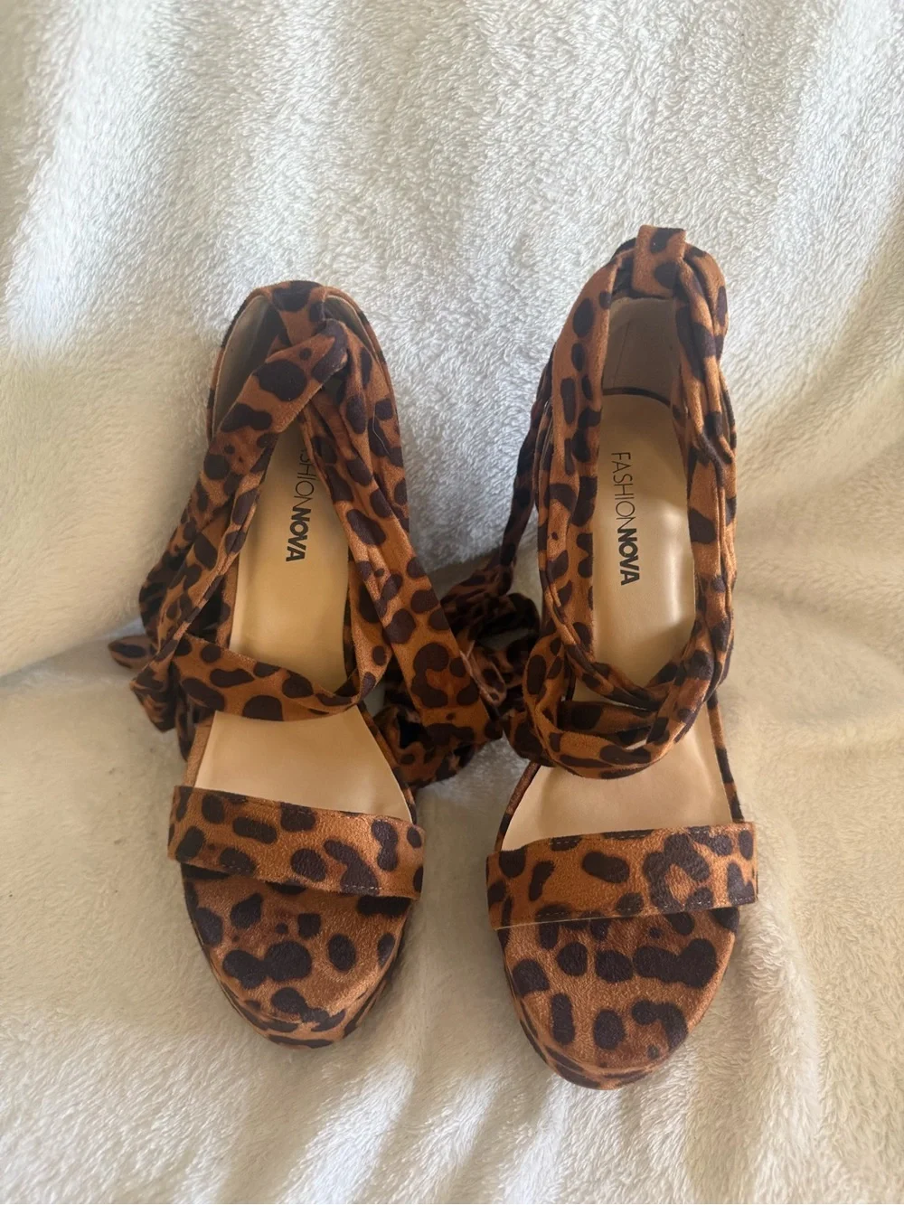 Fashion Nova Leopard Print Wrap Platform Heels - Brown
